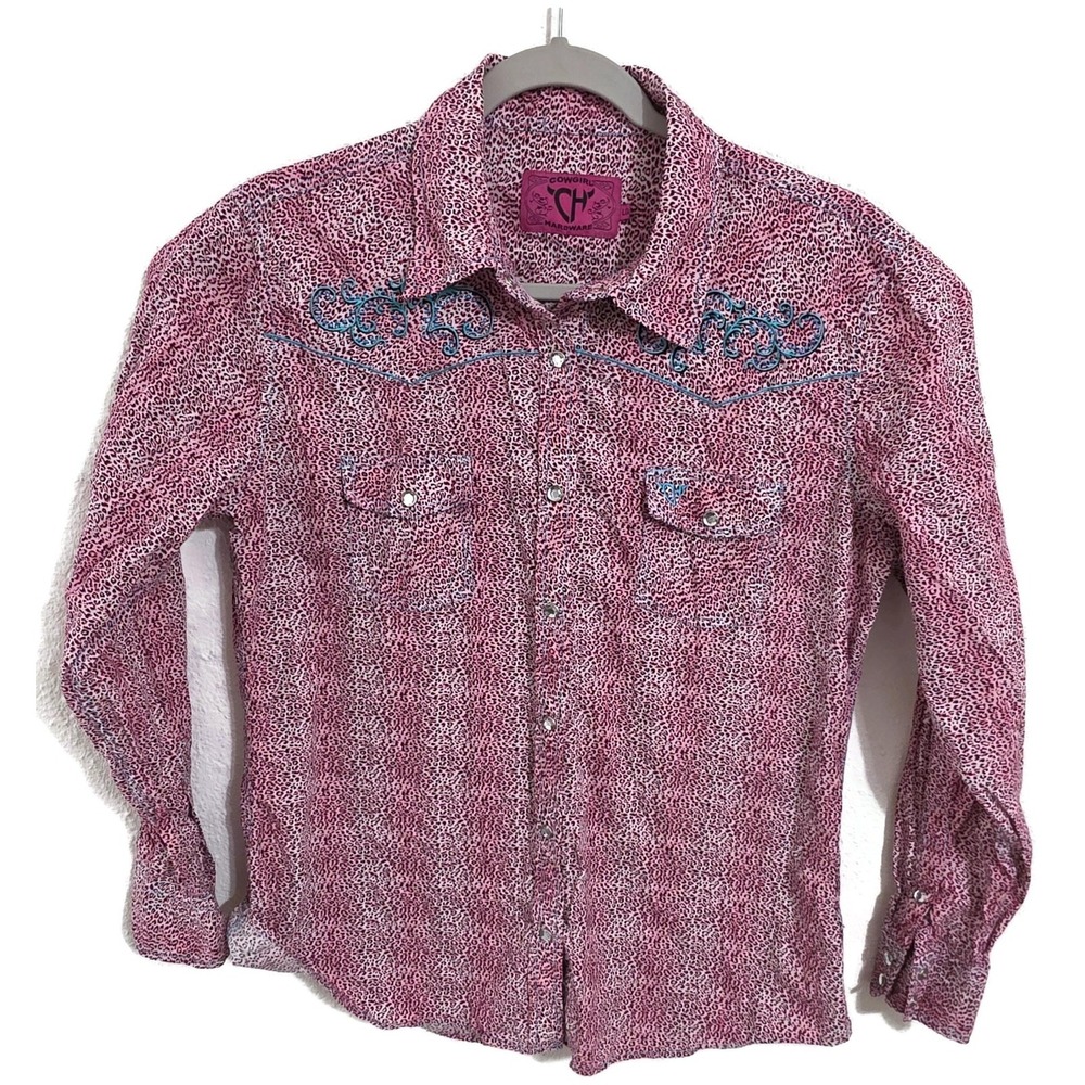 Cowgirl Hardware Shirt Girls Large Pink Leopard Western Snap Embroidered Top